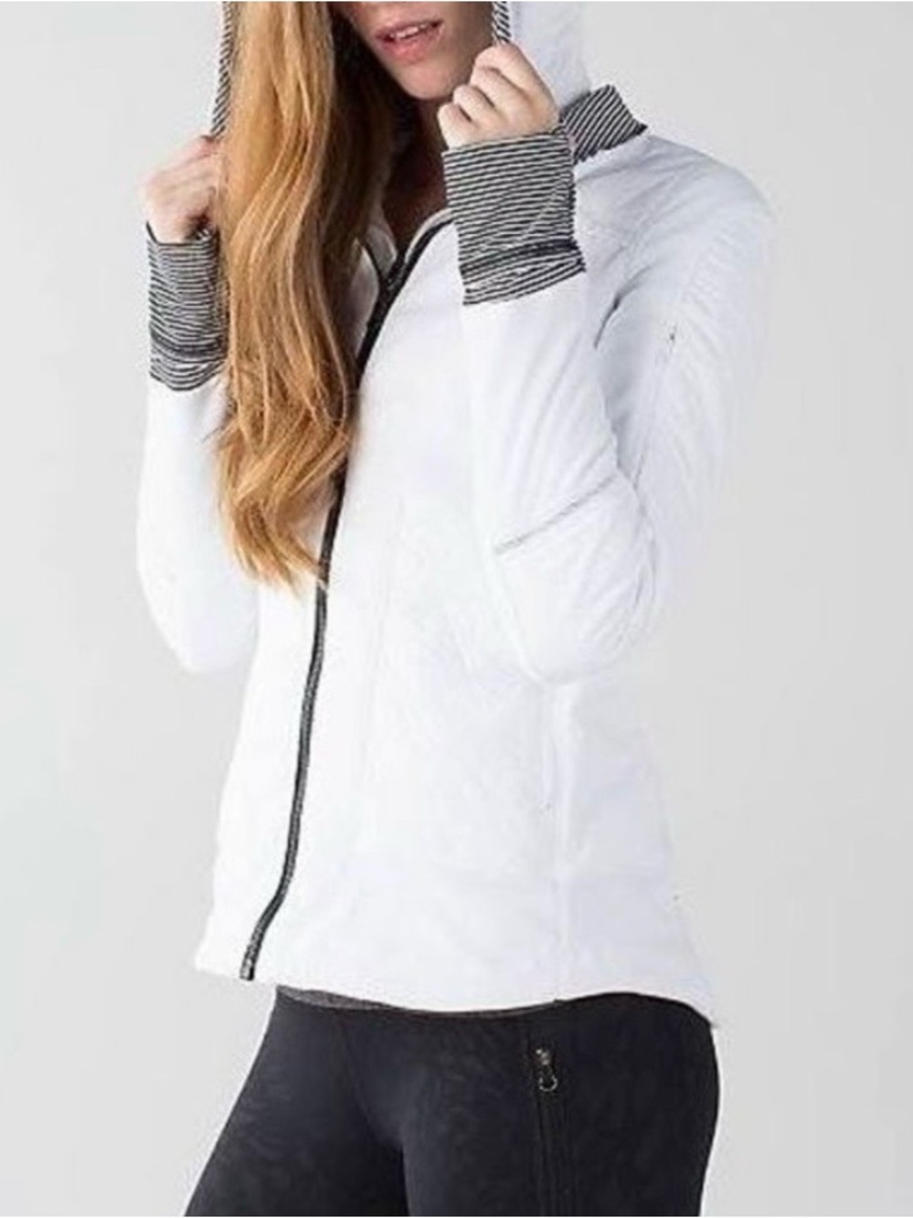 Lululemon Women's White Hooded Zip Jacket with Striped Trim
